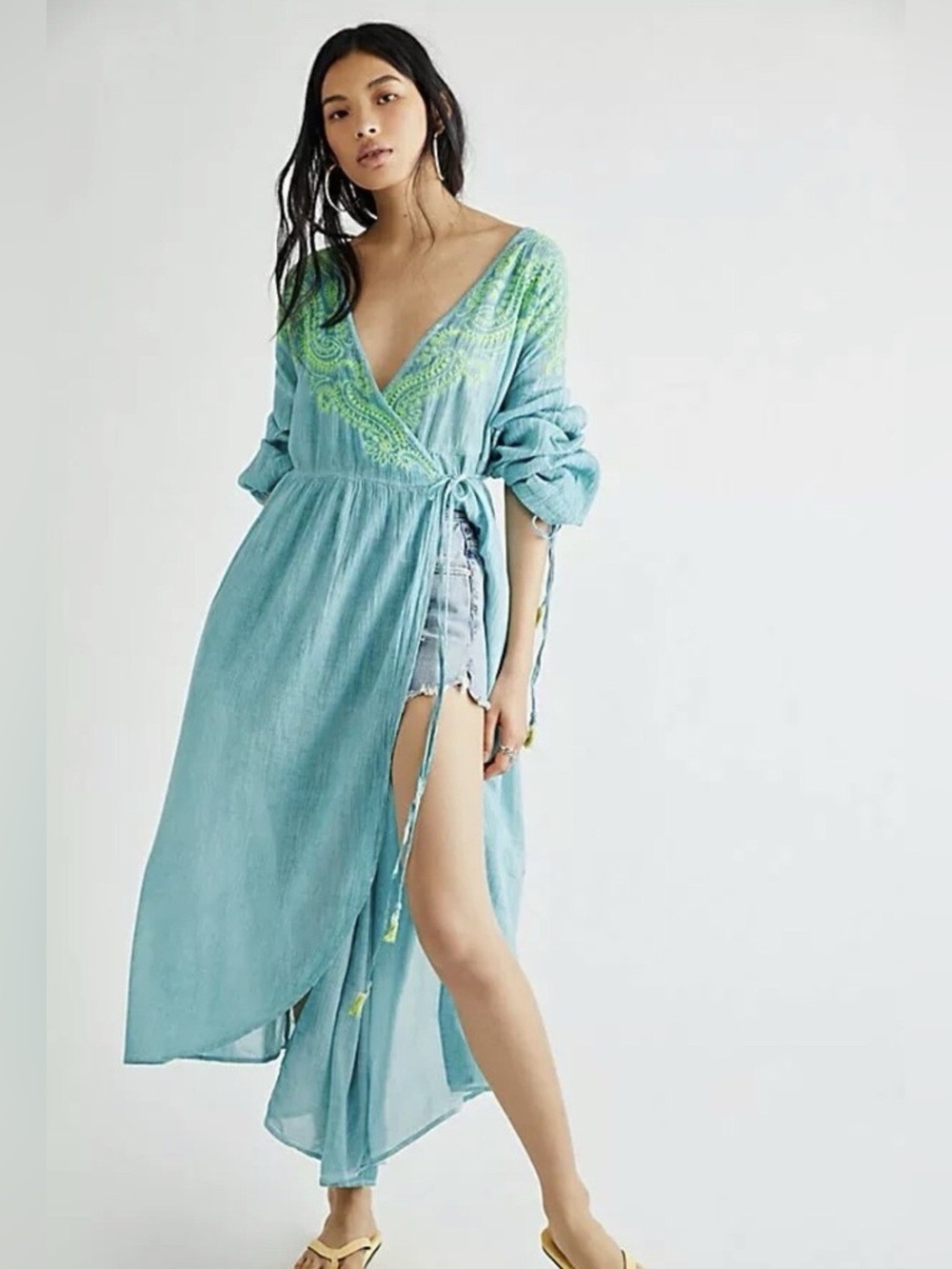 Free People Well Hello There Wrap Dress Beach Cover up Embroidered NWOT